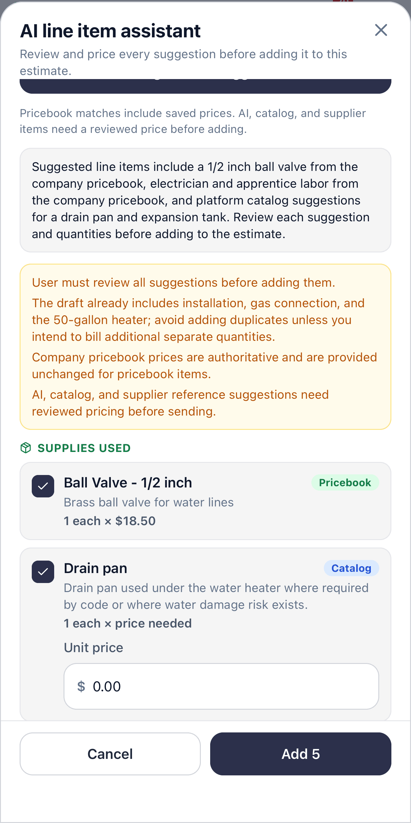 True Blue Service AI line item assistant with review before adding.