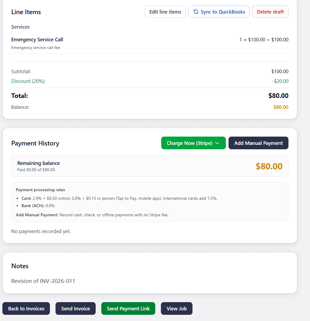 True Blue Service invoice with Charge Now (Stripe) and Send Payment Link.
