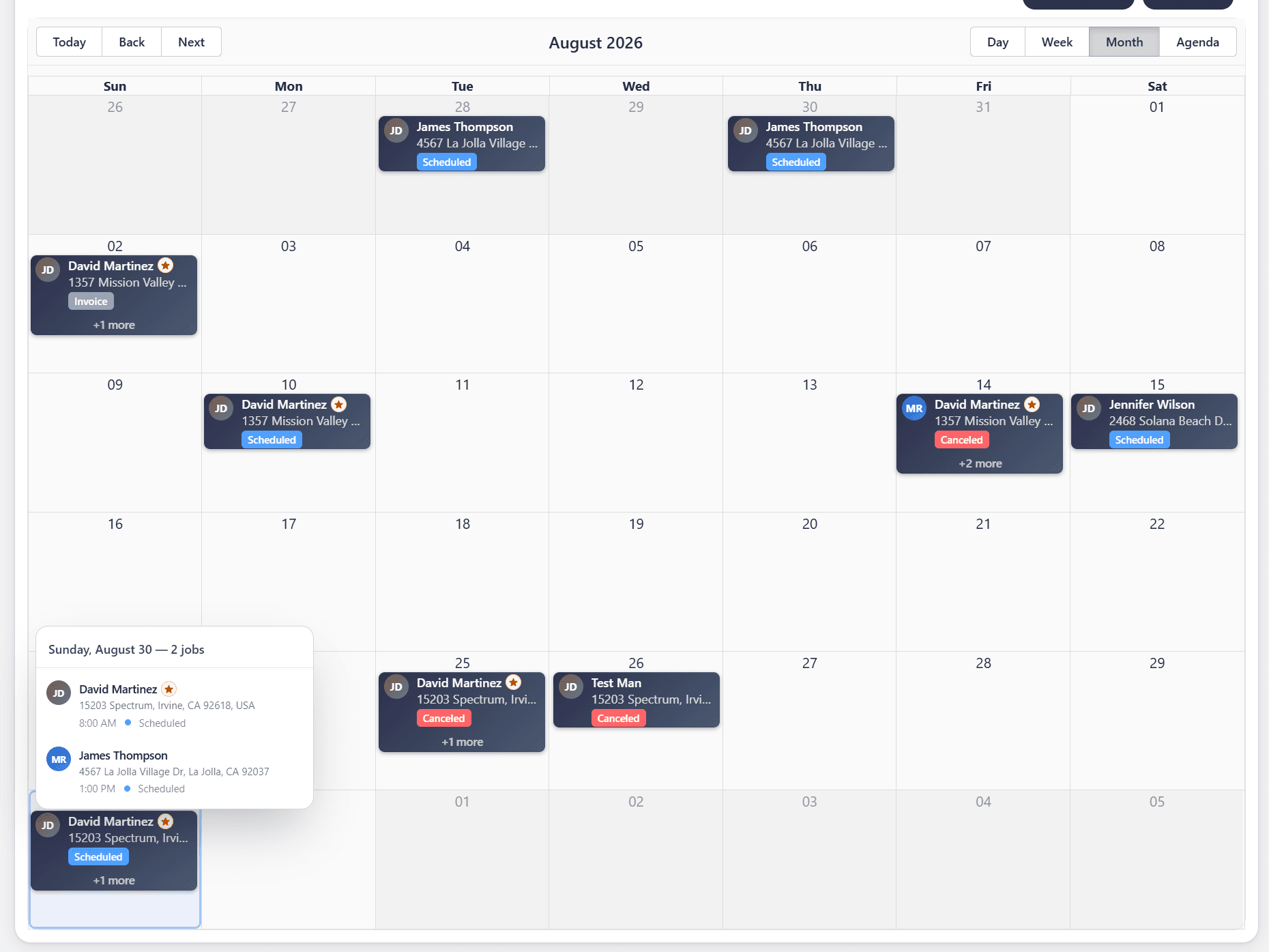 True Blue Service month schedule with a day popover showing two scheduled jobs.